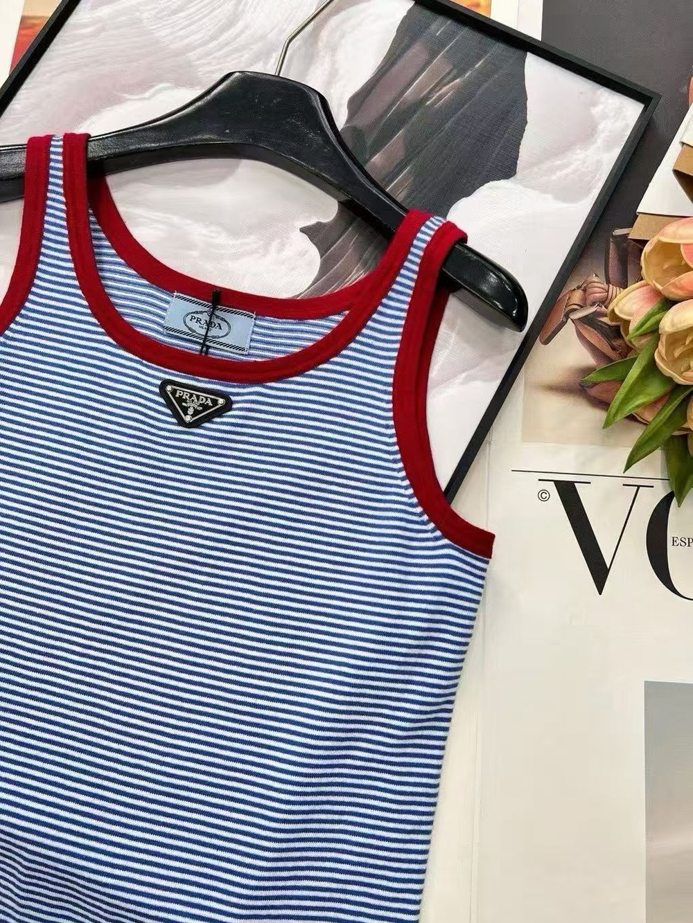 Prada Blue and White Striped Muscle Tee with Red Trim - Picture 3 of 6